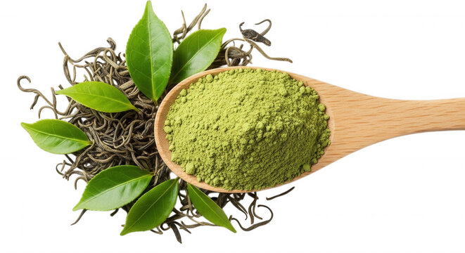 A wooden spoon filled with vibrant green matcha powder, resting on a bed of dried tea leaves and fresh green tea leaves against a black