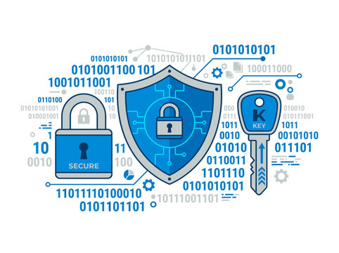 vector Cybersecurity concept with digital lock shield and key surrounded by binary code and network connections