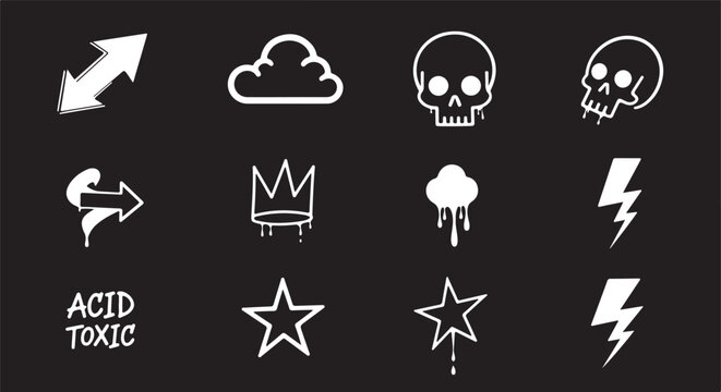 A collection of white, hand-drawn vector graphics in a minimalist grunge style featuring skulls, lightning bolts, melting stars, crowns, clouds, and a street-art aesthetic on a black background.