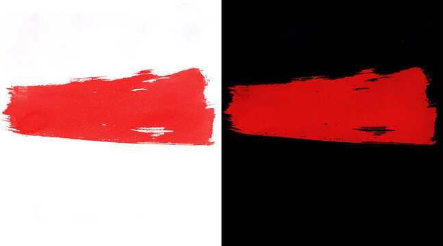 Red acrylic paint brush stroke on white and black backgrounds, textured artistic paint smear, vibrant crimson gouache swipe for graphic design