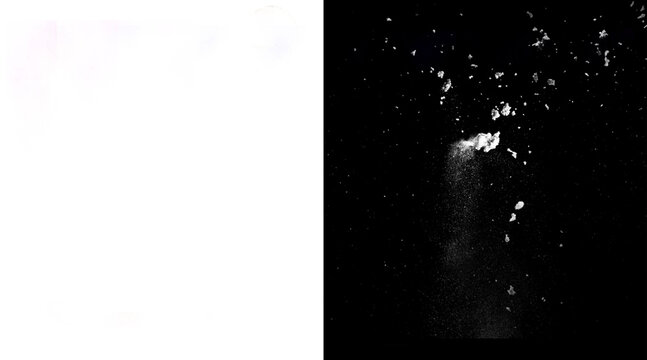 Explosive white powder burst on black background, dynamic flour splash texture, abstract dust particles and smoke effect for design