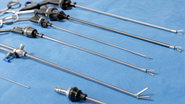 laparoscopic. Slim laparoscopic surgical instruments arranged on blue sterile drape. STEM education sheets, lab safety posters, designed for biotech research communications.