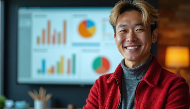 Young Asian man in red jacket smiles, stands before large monitor with charts. He looks confident, happy in modern office setting, representing success, positive outlook in business or education.