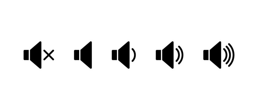 Speaker volume icon set. Audio control symbol. Mute and loudness adjustment level sign