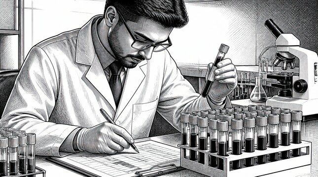 A detailed cross hatching illustration of a lab technician working in a scientific setting from the year 2026, presented as a high resolution gigapixel cgi artwork for professional use.