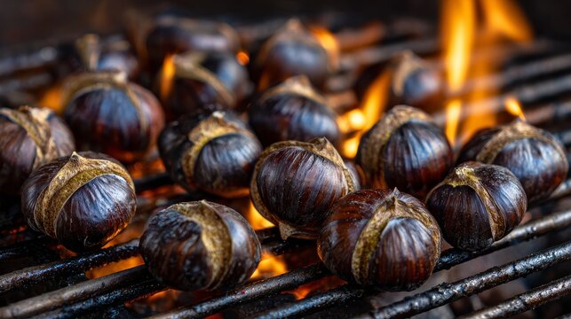 Roasted chestnuts on open fire with glowing flames and smoky rustic atmosphere, showcasing warm seasonal street food, winter comfort snack and traditional autumn harvest concept