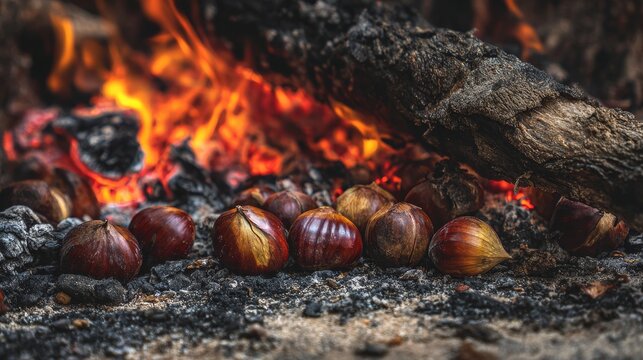 Roasted chestnuts on open fire with glowing flames and smoky rustic atmosphere, showcasing warm seasonal street food, winter comfort snack and traditional autumn harvest concept