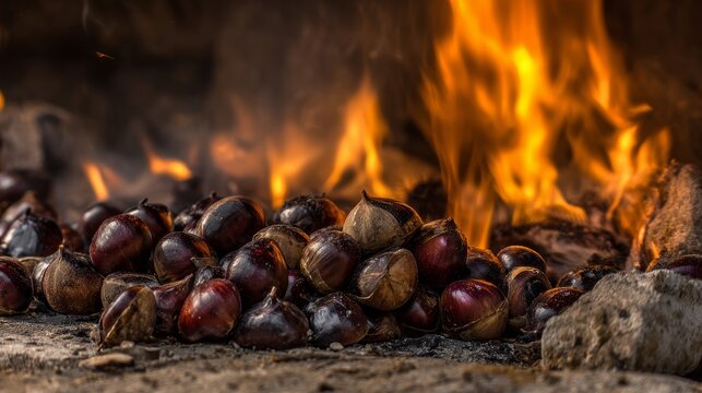 Roasted chestnuts on open fire with glowing flames and smoky rustic atmosphere, showcasing warm seasonal street food, winter comfort snack and traditional autumn harvest concept