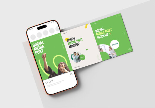 Social Media Carousel Post Mockup with Moblie Phone