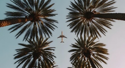 Fototapeta premium Airplane flying over palm trees against clear sky