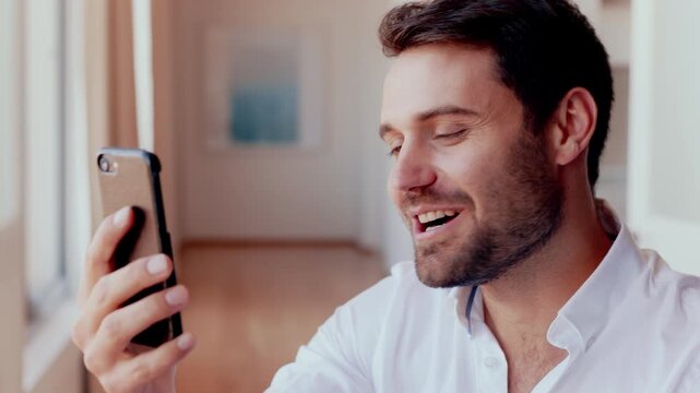 Phone, wave and man with video call in home, online communication and greeting for weekend networking. Connection, mobile and person with hello gesture for virtual conversation, smile and web chat