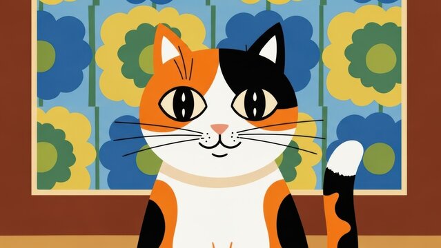 A folk art illustration of a calico cat.
