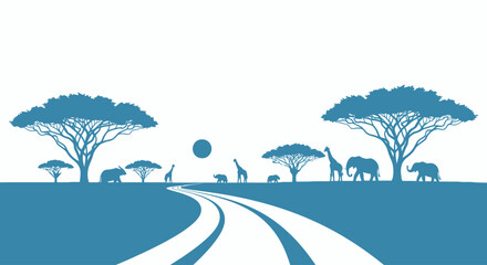Blue silhouette of savannah wildlife scene. © Azkiya