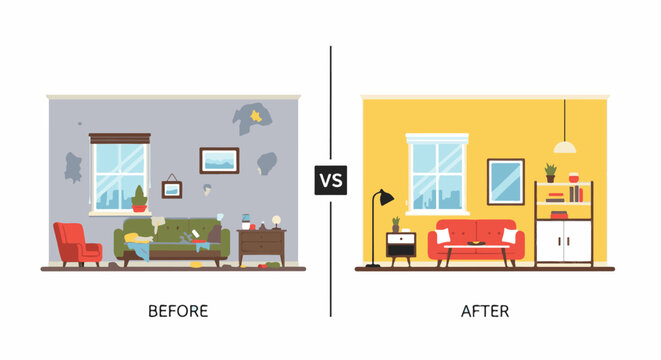 A stark comparison of a messy, worn room with a clean, revitalized living space