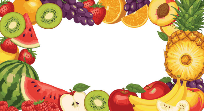 Decorative rectangular border frame composed of various colorful fresh whole and sliced tropical fruits on a white background.