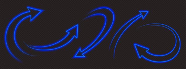 Glowing neon arrow set, blue curvy pointers up and down, 3d vector illustrations isolated on transparent background. Upgrade and growth, regress circular signs. Light trails with dynamic motion © klyaksun