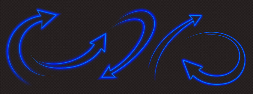 Glowing neon arrow set, blue curvy pointers up and down, 3d vector illustrations isolated on transparent background. Upgrade and growth, regress circular signs. Light trails with dynamic motion