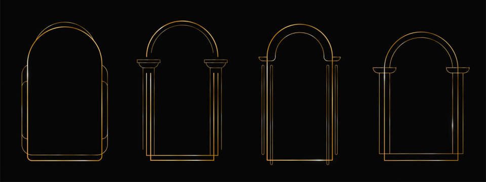 Gold art deco frame collection with elegant arch borders and golden lines, vector illustrations on black background. Luxury geometric ornaments for boho design, minimalist plaques, wedding invitations