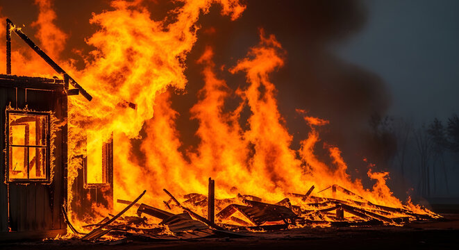 Burning wooden house with large flames and fire explosion at night