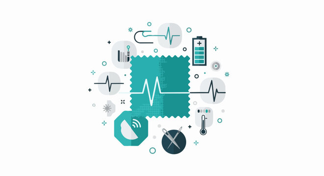 Smart Textile Technology Concept: Wearable Health Monitoring and E-Textiles Illustration with Heart Rate, Battery, and Data Analytics Icons