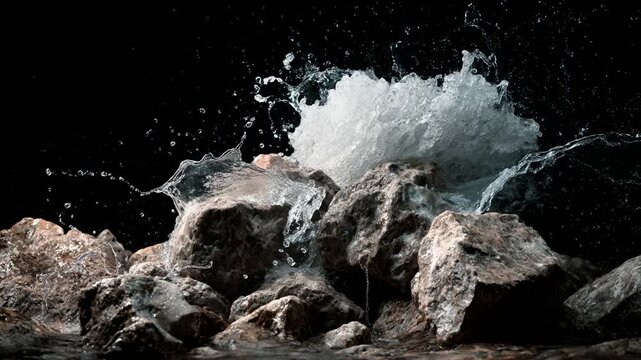 High contrast closeup of water splashing over dark rocks with detailed textures and dramatic lighting. Video for industrial, nature and abstract cinematic backgrounds.