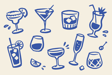 Naklejka premium Cocktail Glasses Set Doodle Sketch Vector Illustration