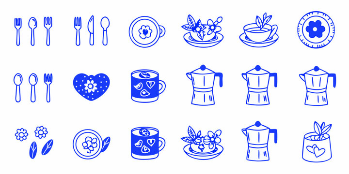 Caf line art icons set blue on white background