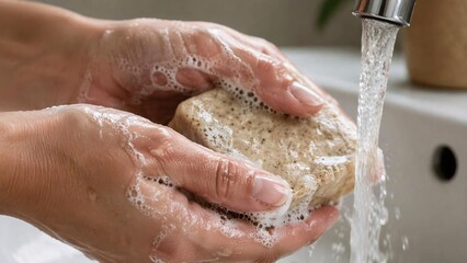 Fototapeta premium Hands holding and lathering a textured natural soap bar under running water from faucet in a sink.