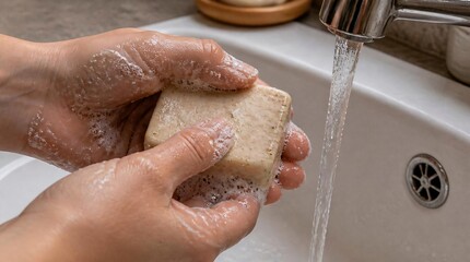 Fototapeta premium Hands holding and lathering a textured natural soap bar under running water from faucet in a sink.