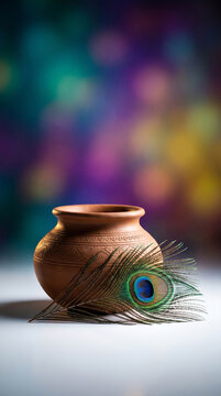 Traditional indian clay matki pot and vibrant peacock feather on dark colorful bokeh background for krishna janmashtami celebration.