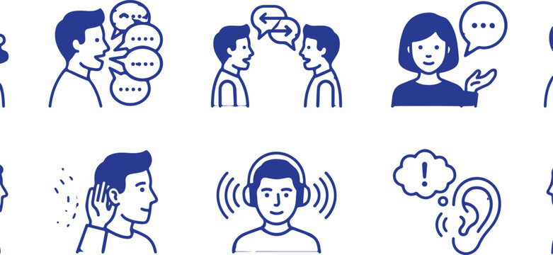 Collection of linear communication and listening icons with blue people figures isolated on a white background.