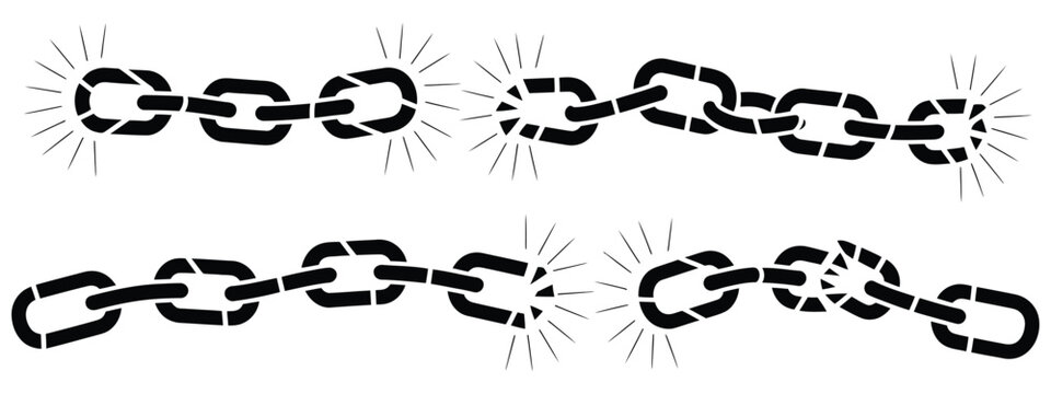 Broken chain disconnect icon set representing link failure, network interruption and communication breakdown, vector