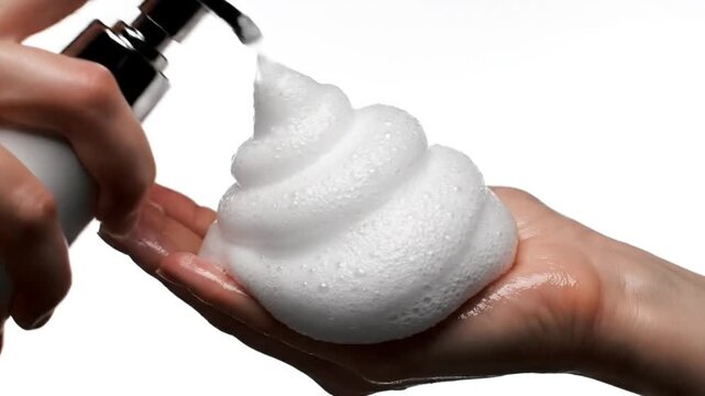 4k macro slow-motion shot cosmetic pump dispensing white cleansing foam on palm for product mockup, showcase, advertisement.