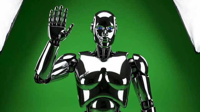 Shiny Robot Waving Hello on Green Screen | Futuristic AI Greeting