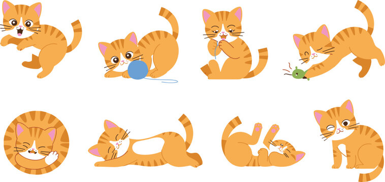 Cute Orange Tabby Kitten Character Vector Illustration Set Featuring Playful Cats Sleeping, Playing with Yarn, and Stretched Poses for Pet Product Graphic Designs
