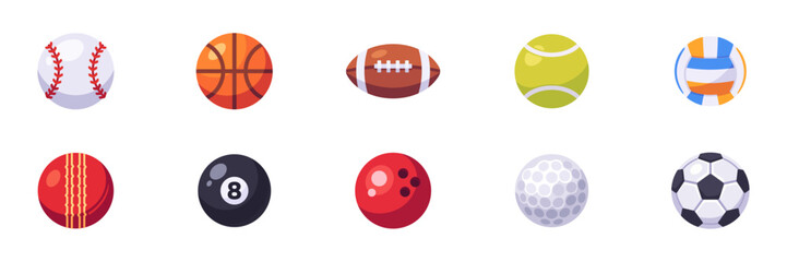 Set of sports balls for team games, fitness, and recreation, colorful collection with baseball, basketball, billiard ball, bowling ball, cricket ball, golf ball, rugby ball, soccer ball, tennis ball © point of BORT