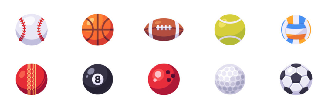 Set of sports balls for team games, fitness, and recreation, colorful collection with baseball, basketball, billiard ball, bowling ball, cricket ball, golf ball, rugby ball, soccer ball, tennis ball