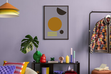 Modern and colorful interior of living room with design boucle sofa, mock up poster, shelf, plants, decorations and personal stuff. Home decor. © FollowTheFlow