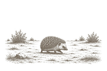 Retro engraving style vector illustration of a small hedgehog walking across an open field, suitable for wildlife and woodland theme assets. © Chairul