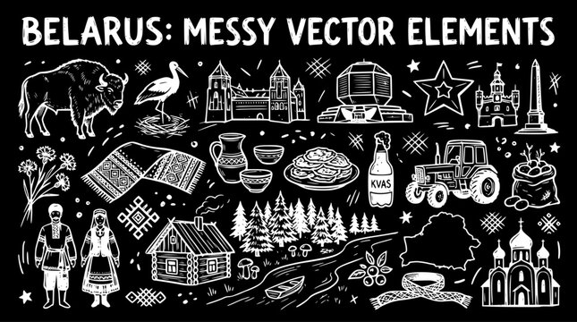 Hand-drawn Belarus Culture  Travel Messy Vector Elements. Black  White Doodle Icons, Symbols, and Landmarks for National Identity.