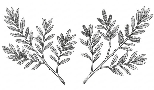 Sweetgale or Bog Myrtle vector illustration with hand drawn botanical Myrica gale plant isolated on white