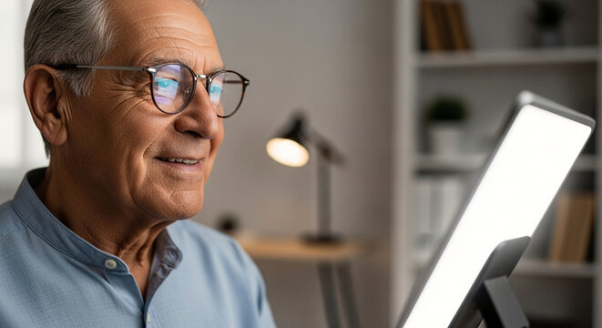 An elderly senior man with glasses smiles genuinely while engaging with a bright digital tablet, reflecting the positive aspects of aging and modern technology adoption for comfortable living