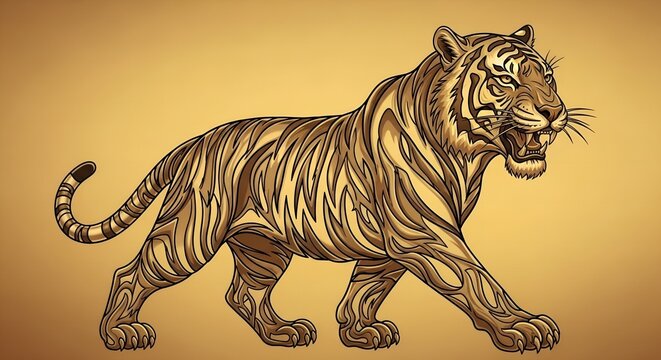 Detailed stylized tiger with golden stripes in walking posture on brown backdrop. Wildlife art concept

