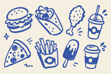 Naklejka na ściany i meble Fast Food Set Doodle Sketch Vector Illustration