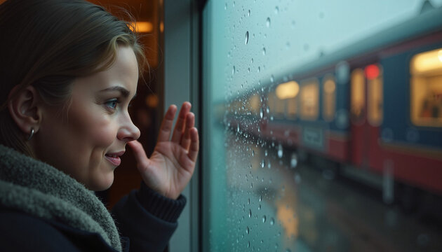 Person waving goodbye from train window in rainy station, emigration