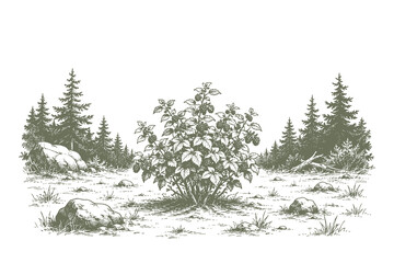Detailed hand drawn line art style vector illustration of a wild berry bush growing in an open clearing surrounded by a pine forest landscape © Chairul