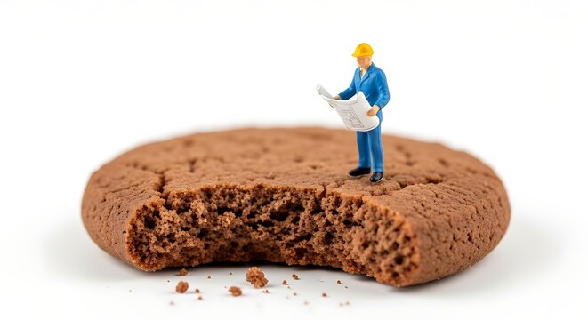 Miniature man on chocolate cookie.