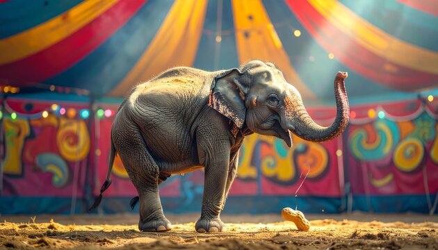 Elephant Balancing on One Peanut in Circus Ring