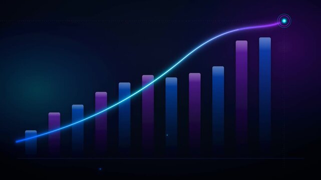 Financial growth bar chart showing rising statistics with a glowing neon trend line in motion