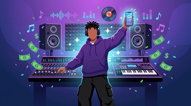 Dynamic illustration of a young music producer creating and monetizing digital tracks, managing online revenue from his vibrant home studio setup